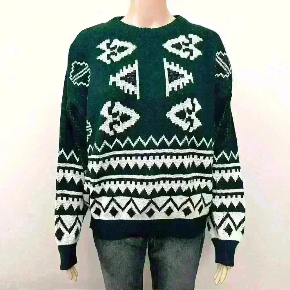 Vintage Bohemian Oversized Multicolored Green Pattern Crew Neck Sweater jumper - Picture 14 of 15